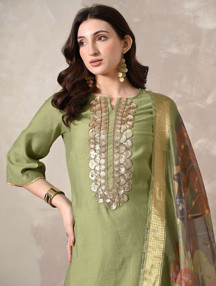 women solid with work three quarter sleeve kurta palazzo with dupatta set - 22358703 -  Standard Image - 4