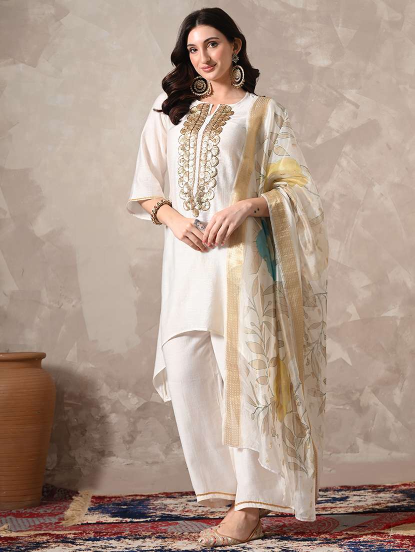 women solid with work three quarter sleeve kurta palazzo with dupatta set - 22358704 -  Standard Image - 1