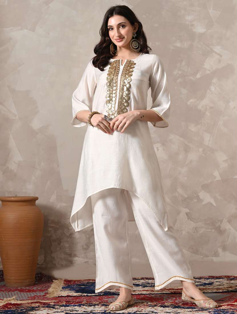 women solid with work three quarter sleeve kurta palazzo with dupatta set - 22358704 -  Standard Image - 4