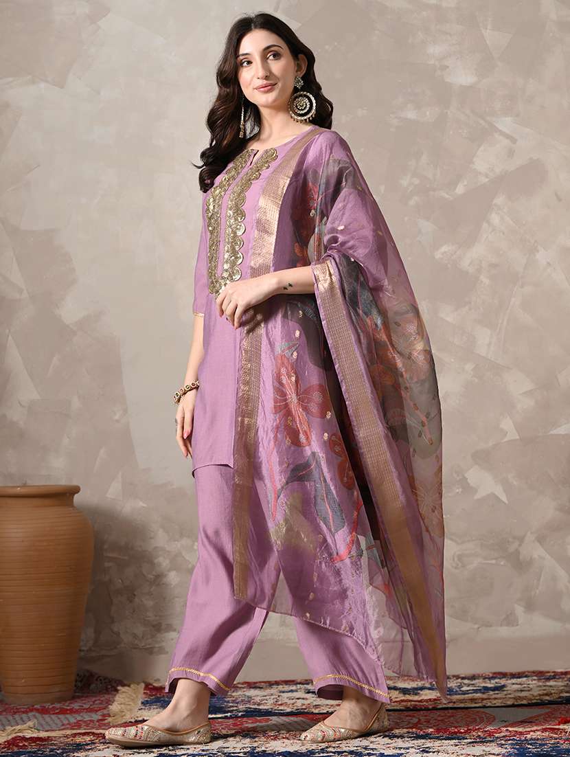 women solid with work three quarter sleeve kurta palazzo with dupatta set - 22358705 -  Standard Image - 1