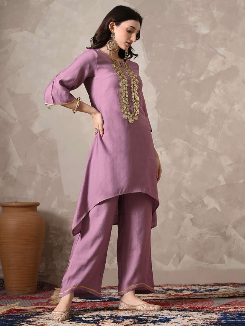 women solid with work three quarter sleeve kurta palazzo with dupatta set - 22358705 -  Standard Image - 4