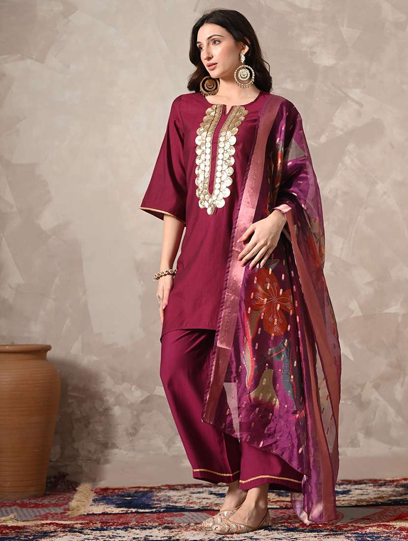 women solid with work three quarter sleeve kurta palazzo with dupatta set - 22358706 -  Standard Image - 1