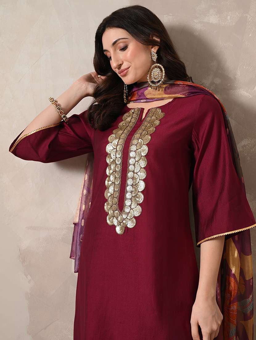 women solid with work three quarter sleeve kurta palazzo with dupatta set - 22358706 -  Standard Image - 4