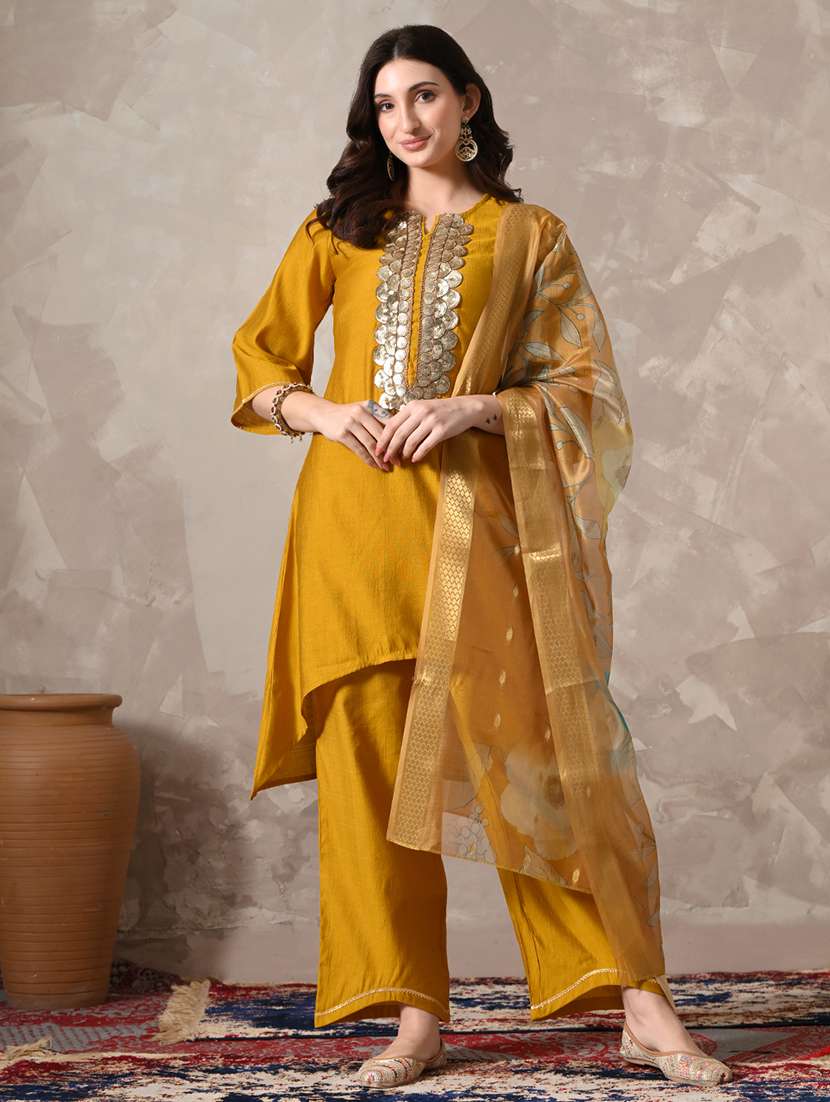 women solid with work three quarter sleeve kurta palazzo with dupatta set