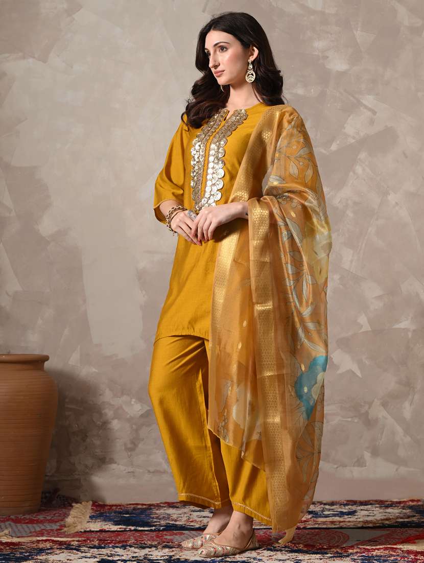 women solid with work three quarter sleeve kurta palazzo with dupatta set - 22358707 -  Standard Image - 1