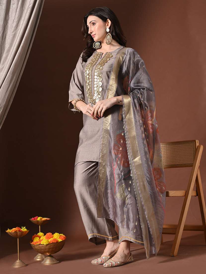 women solid with work three quarter sleeve kurta palazzo with dupatta set - 22358708 -  Standard Image - 1