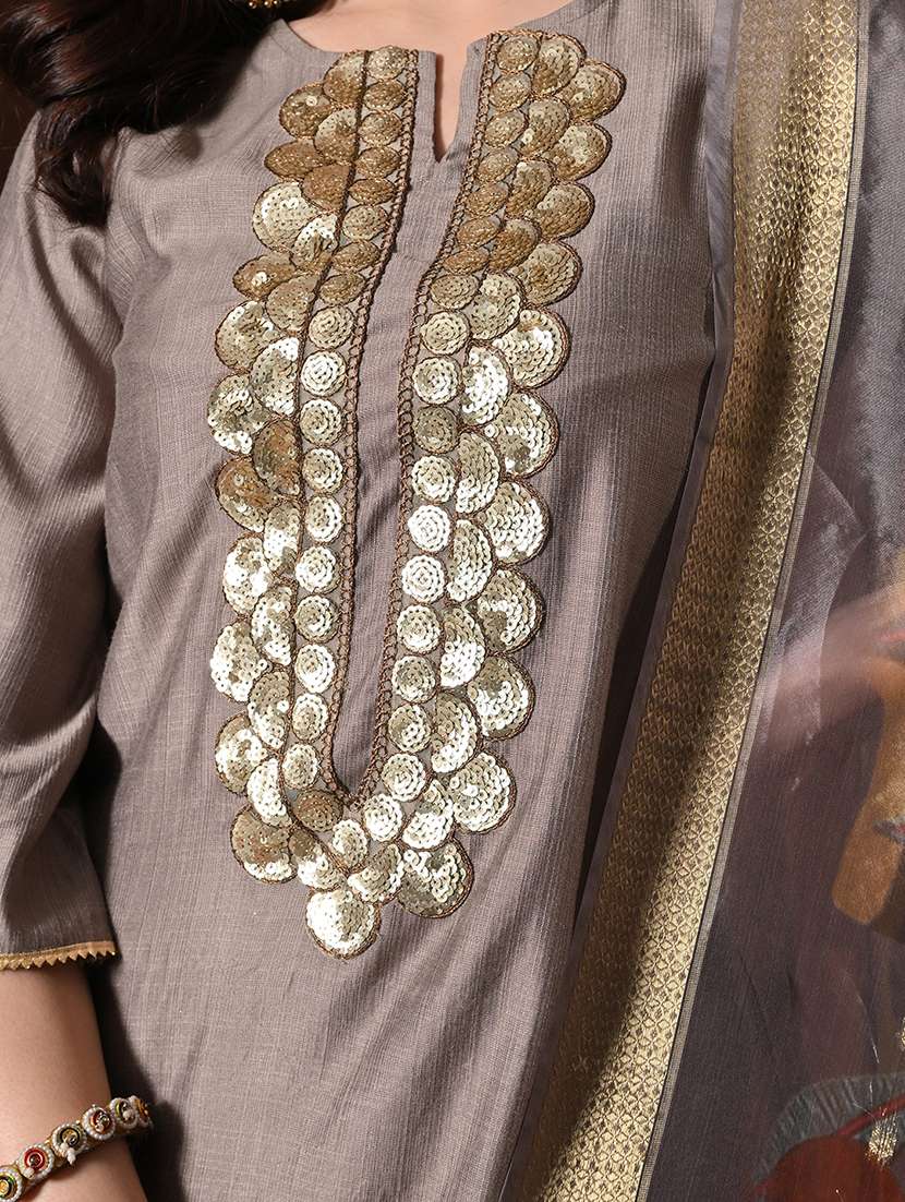 women solid with work three quarter sleeve kurta palazzo with dupatta set - 22358708 -  Standard Image - 4