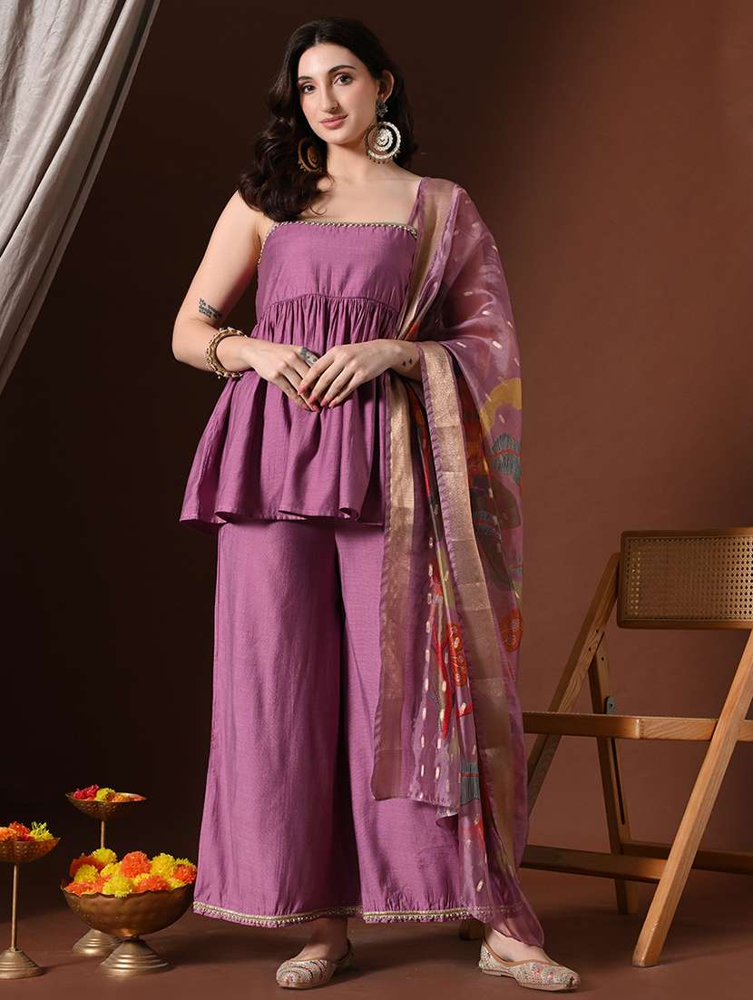 women solid shoulder strap kurta palazzo with dupatta set