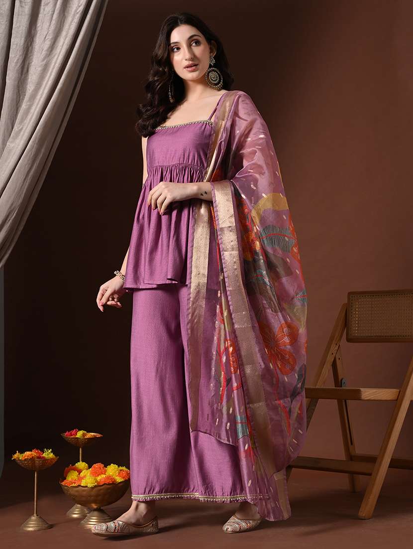 women solid shoulder strap kurta palazzo with dupatta set - 22358709 -  Standard Image - 1