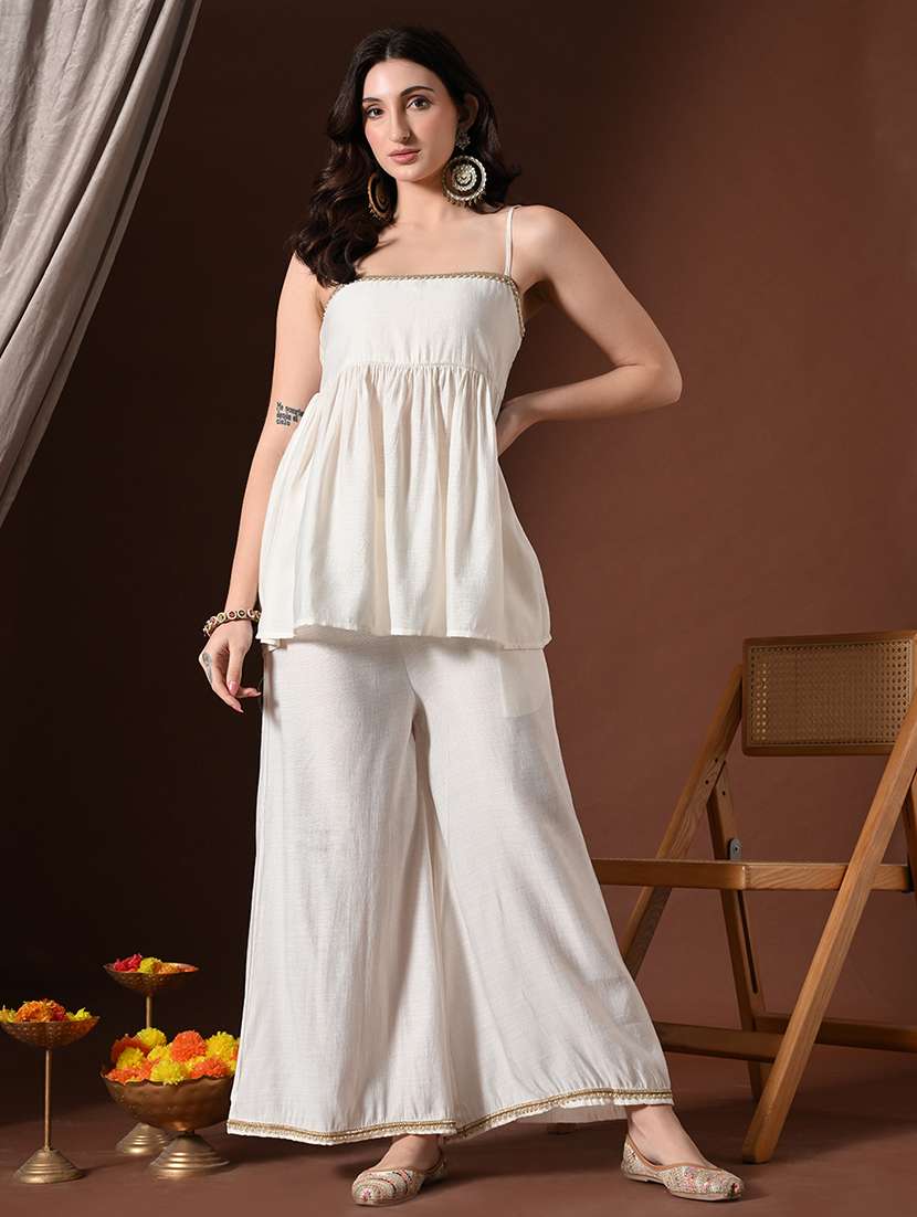 women solid shoulder strap kurta palazzo with dupatta set - 22358711 -  Standard Image - 1