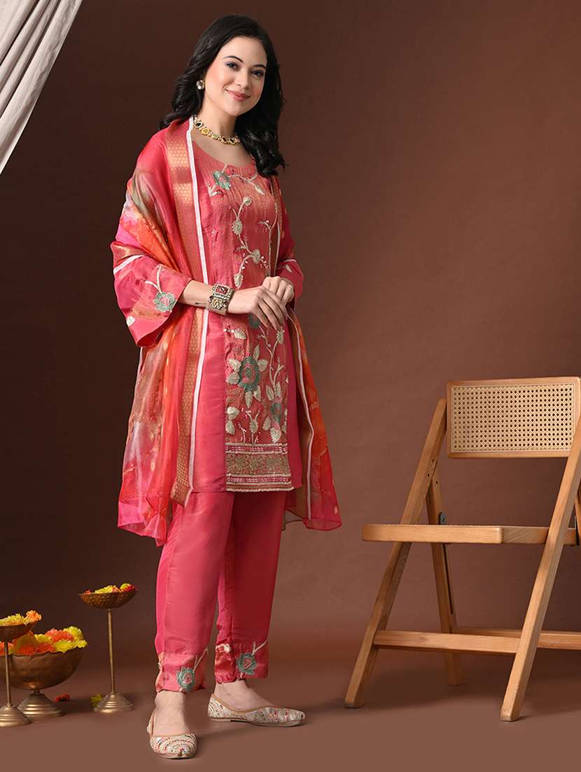 women solid with work three quarter sleeve kurta pant with dupatta set - 22358712 -  Standard Image - 1