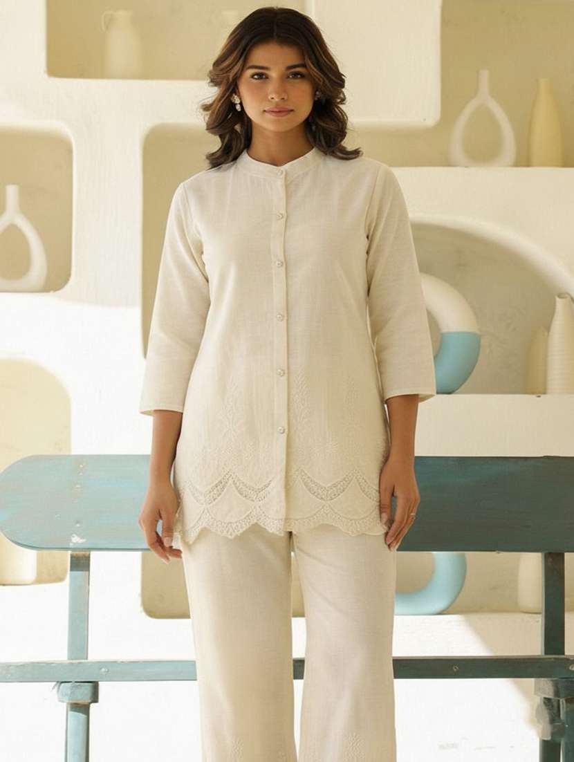 women solid with work three quarter sleeve ethnic co-ord set - 22358716 -  Standard Image - 1