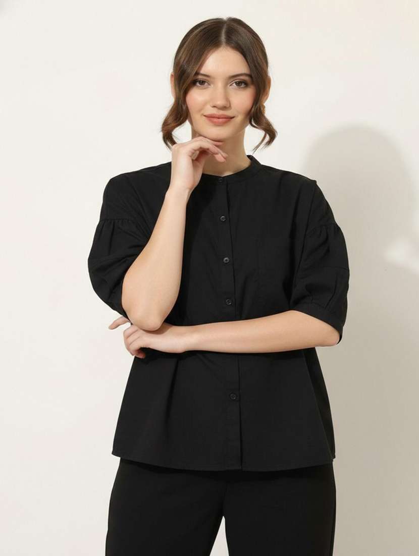 women solid puff sleeve regualr fit shirt - 22358720 -  Standard Image - 1