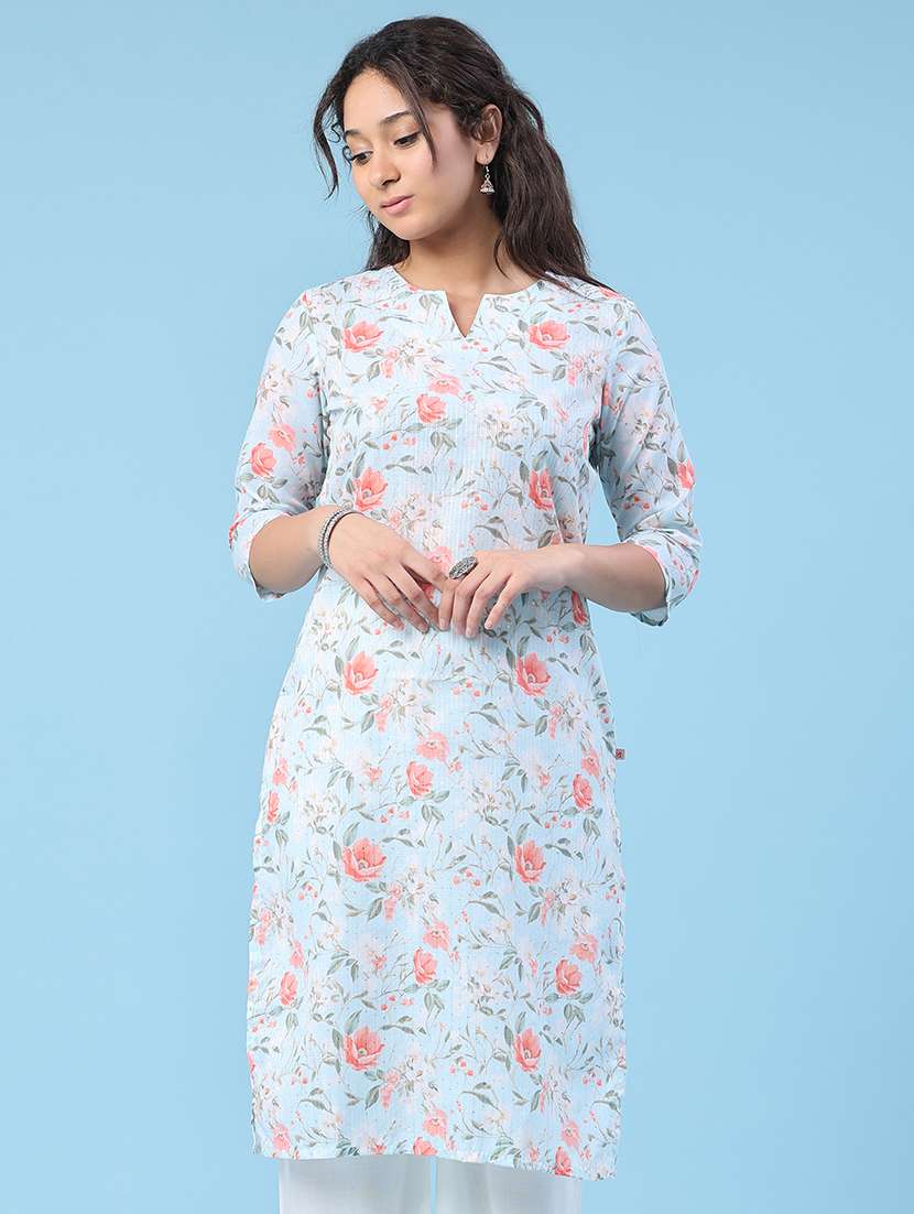 women printed three quarter sleeve straight kurta