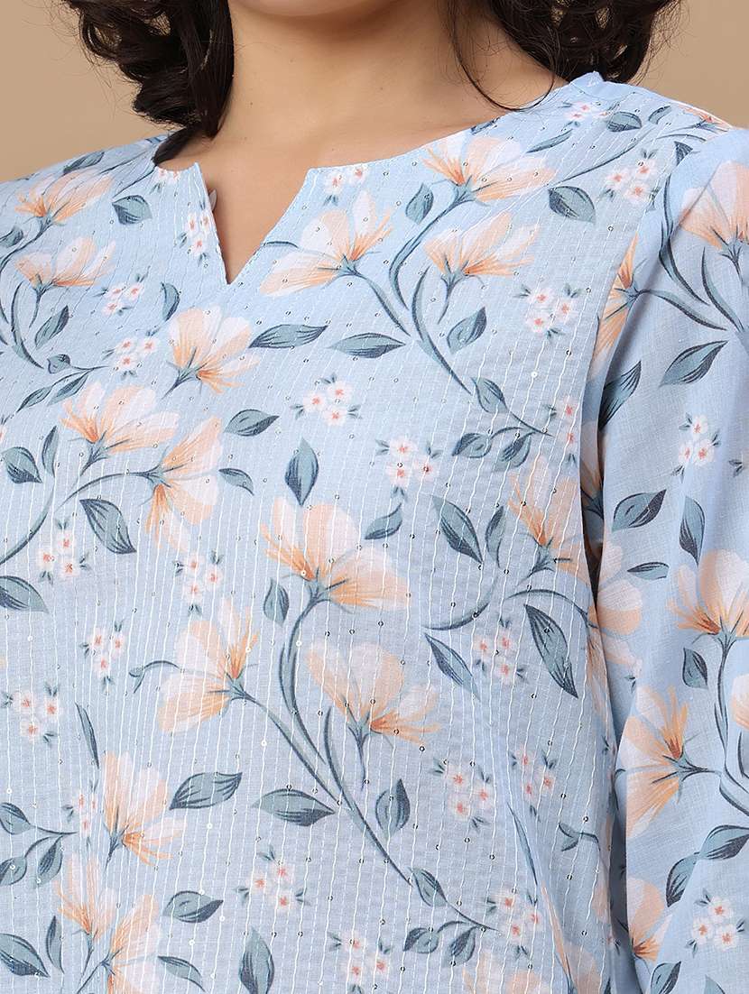 Women Printed Three Quarter Sleeve Straight Kurta - 22359413 -  Standard Image - 1