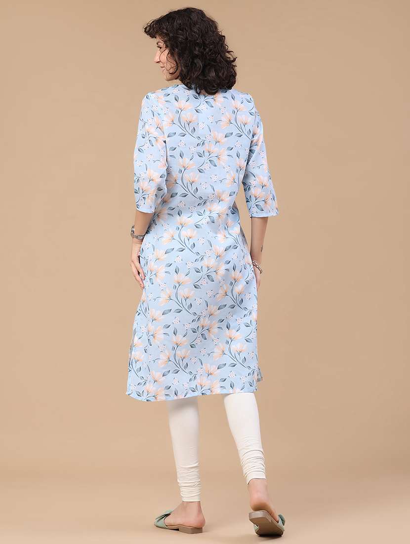 Women Printed Three Quarter Sleeve Straight Kurta - 22359413 -  Standard Image - 4