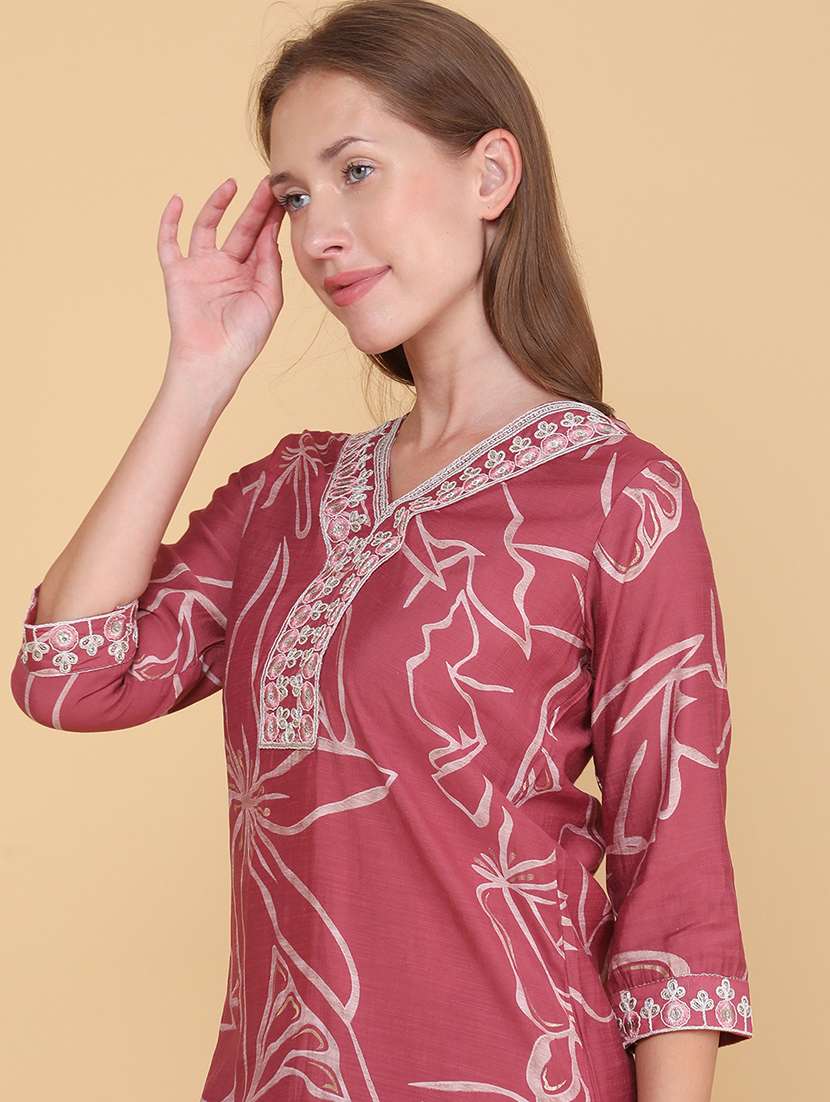 women printed three quarter sleeve kurta pant set - 22360190 -  Standard Image - 1