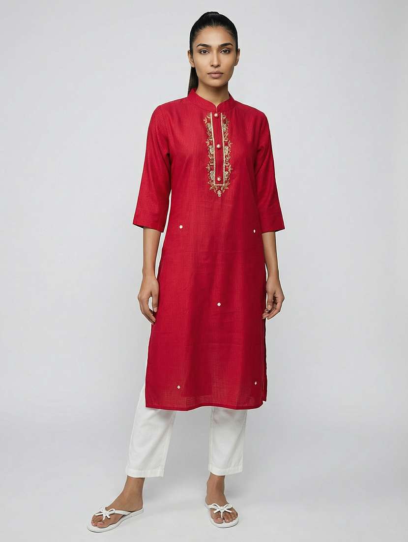 Women Solid With Work Three Quarter Sleeve Straight Kurta - 22360310 -  Standard Image - 1
