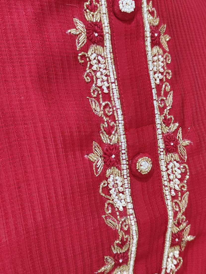 Women Solid With Work Three Quarter Sleeve Straight Kurta - 22360310 -  Standard Image - 4