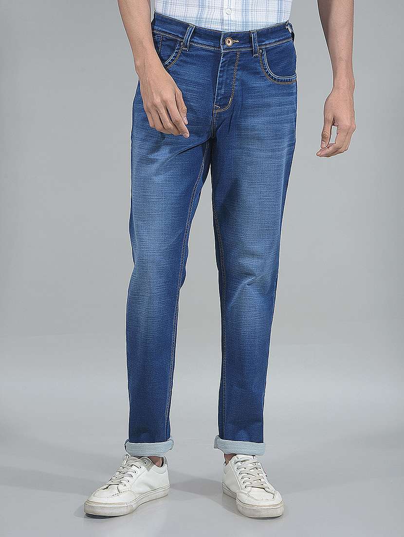 men washed mid rise full length jeans