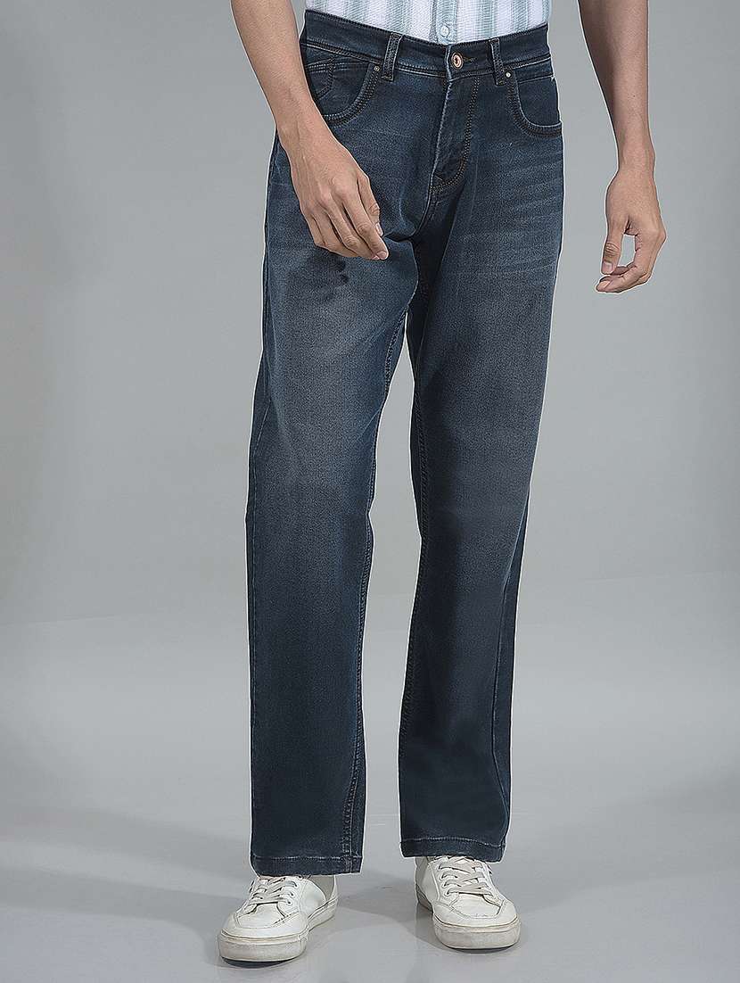 men washed mid rise full length jeans