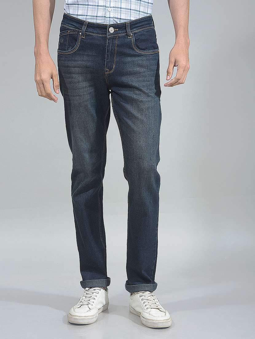 men washed mid rise full length jeans