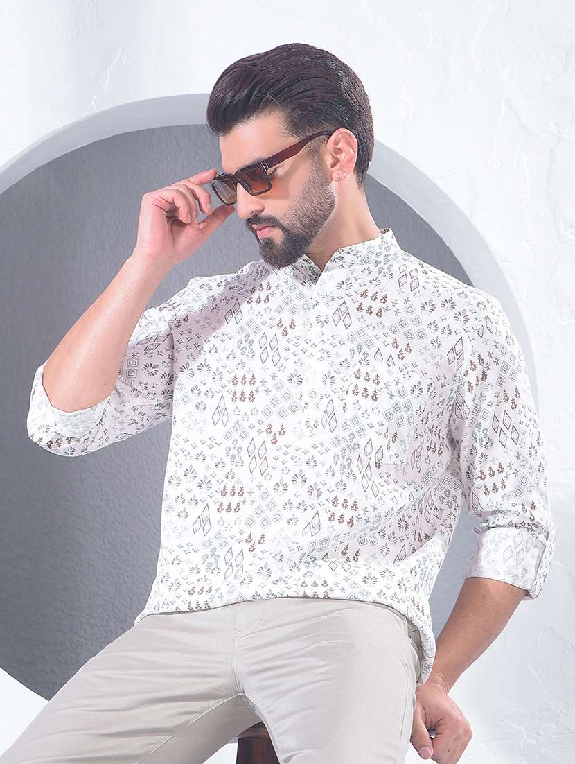men printed long sleeve short kurta 