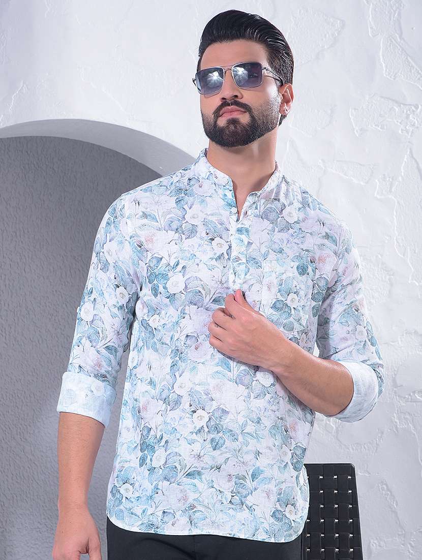 men printed long sleeve short kurta 