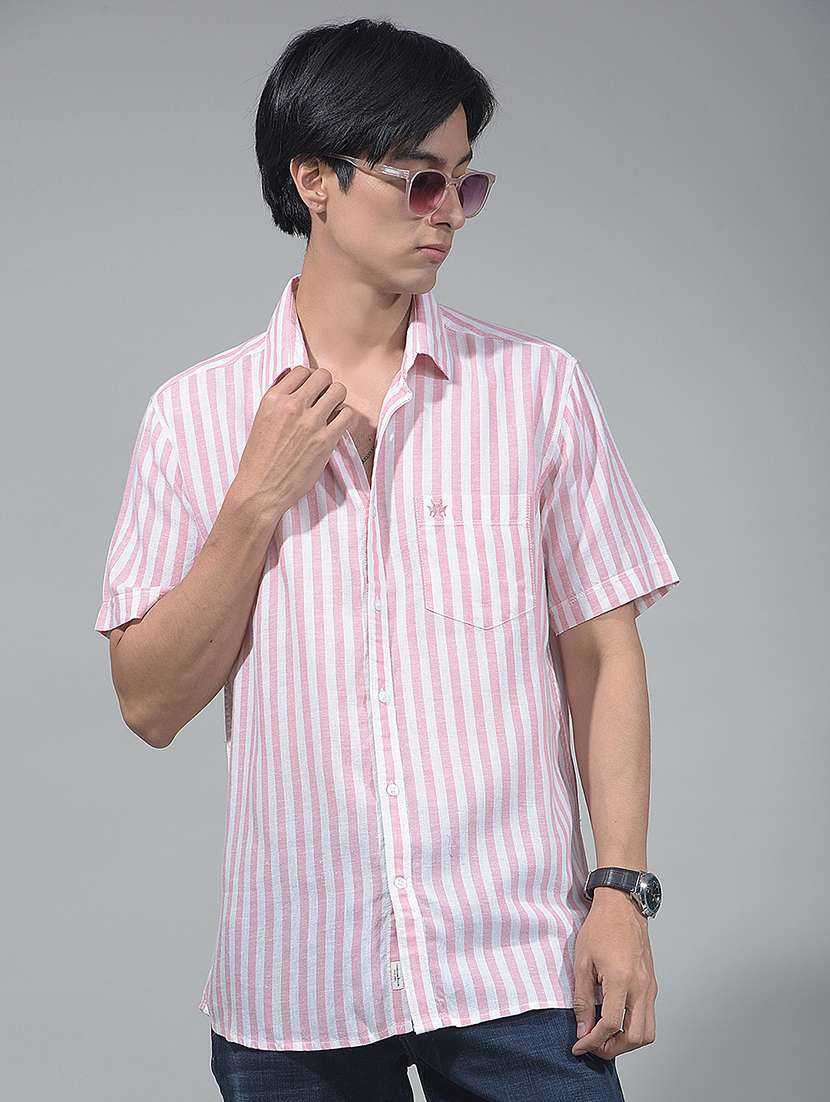 men striped short sleeve regular fit casual shirt