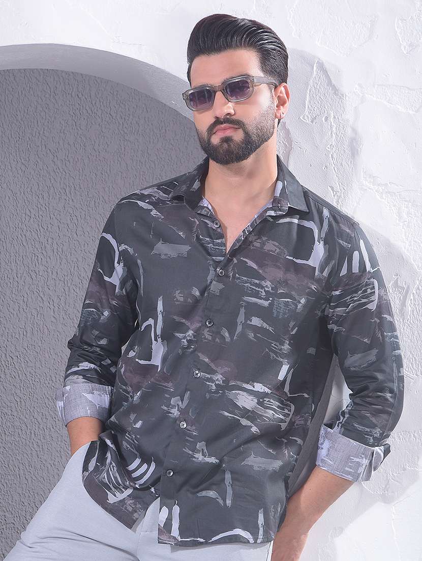 men printed long sleeve casual shirt