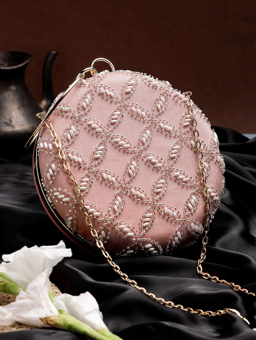 women embellished clutch with sling chain