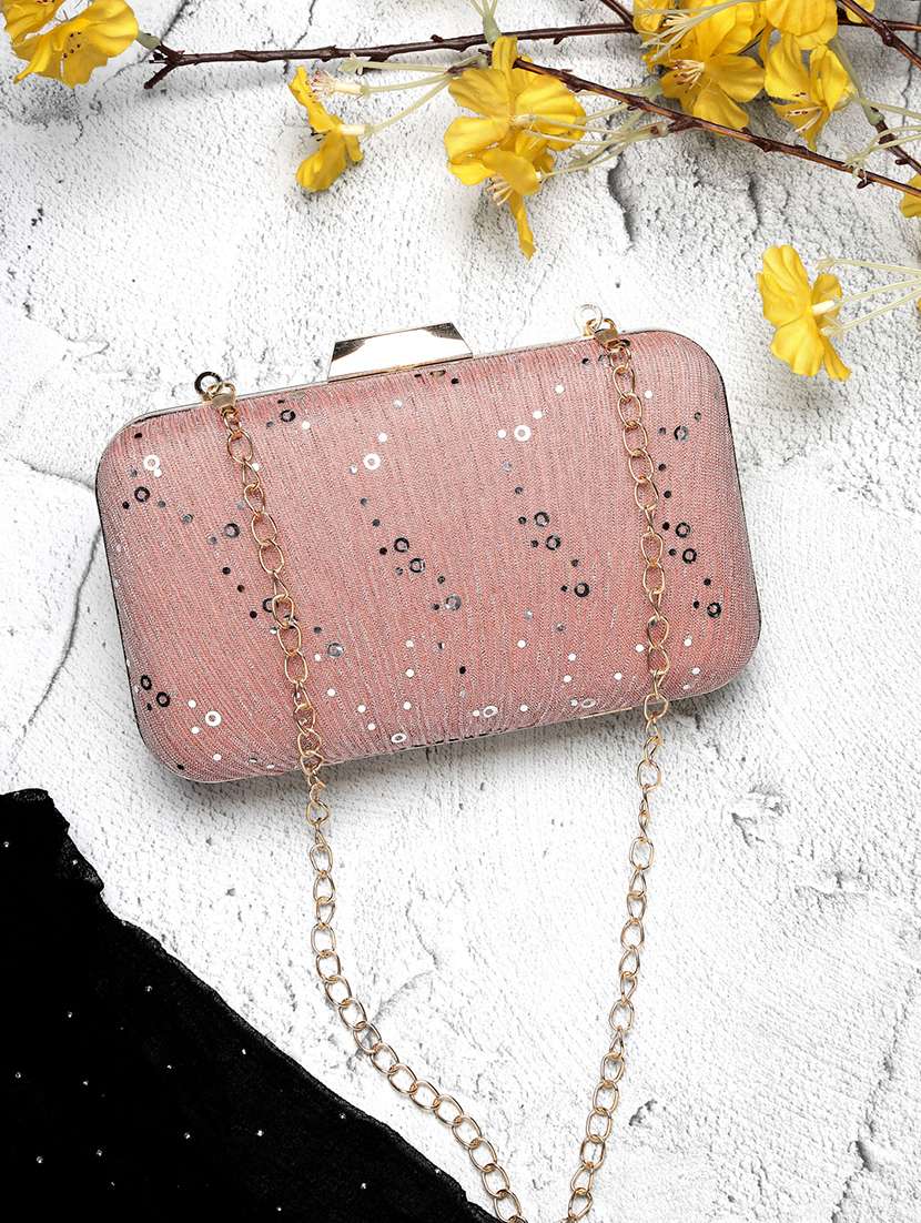 women embellished clutch with sling chain