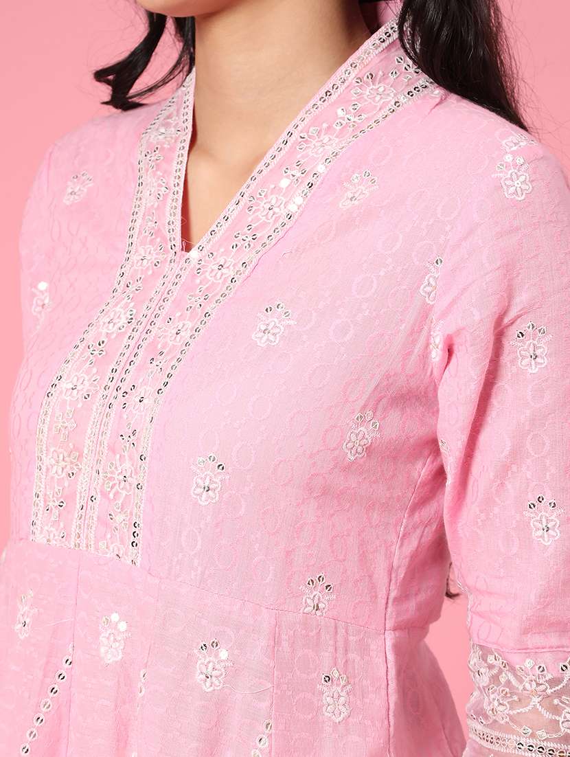 women pink embroidered cotton anarkali notch neck kurta - 22361175 -  Standard Image - 1
