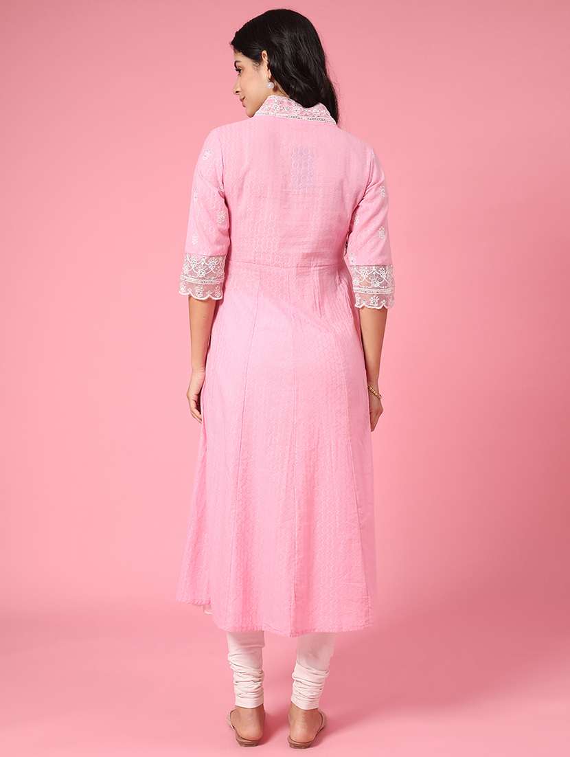 women pink embroidered cotton anarkali notch neck kurta - 22361175 -  Standard Image - 4