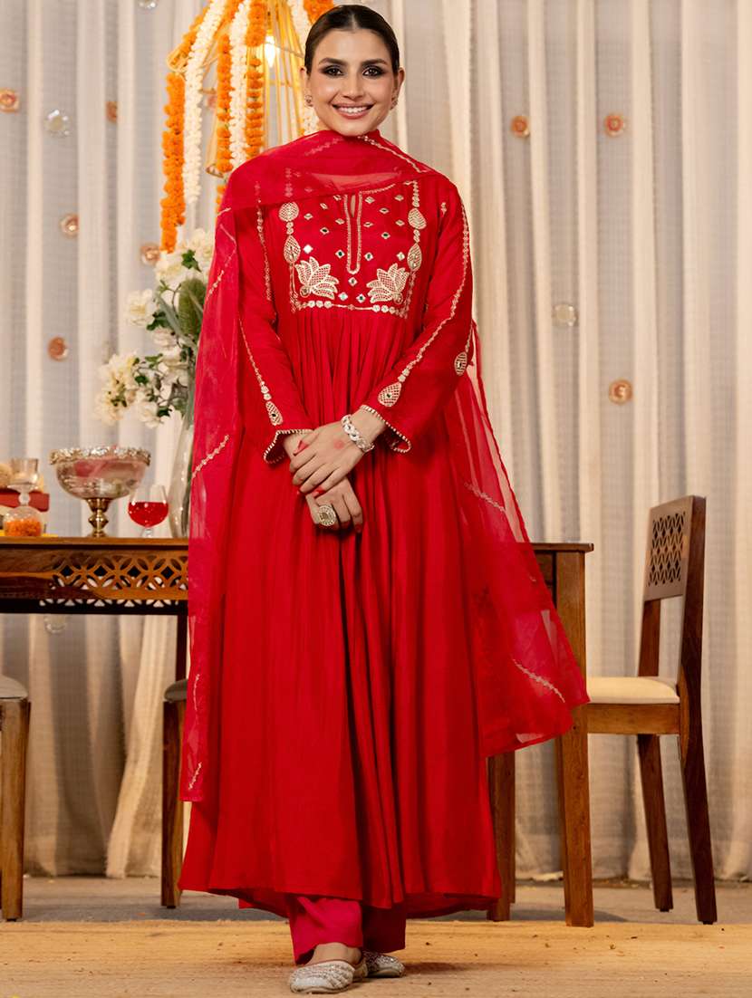 women solid with work long sleeve kurta pant with dupatta set - 22361795 -  Standard Image - 1