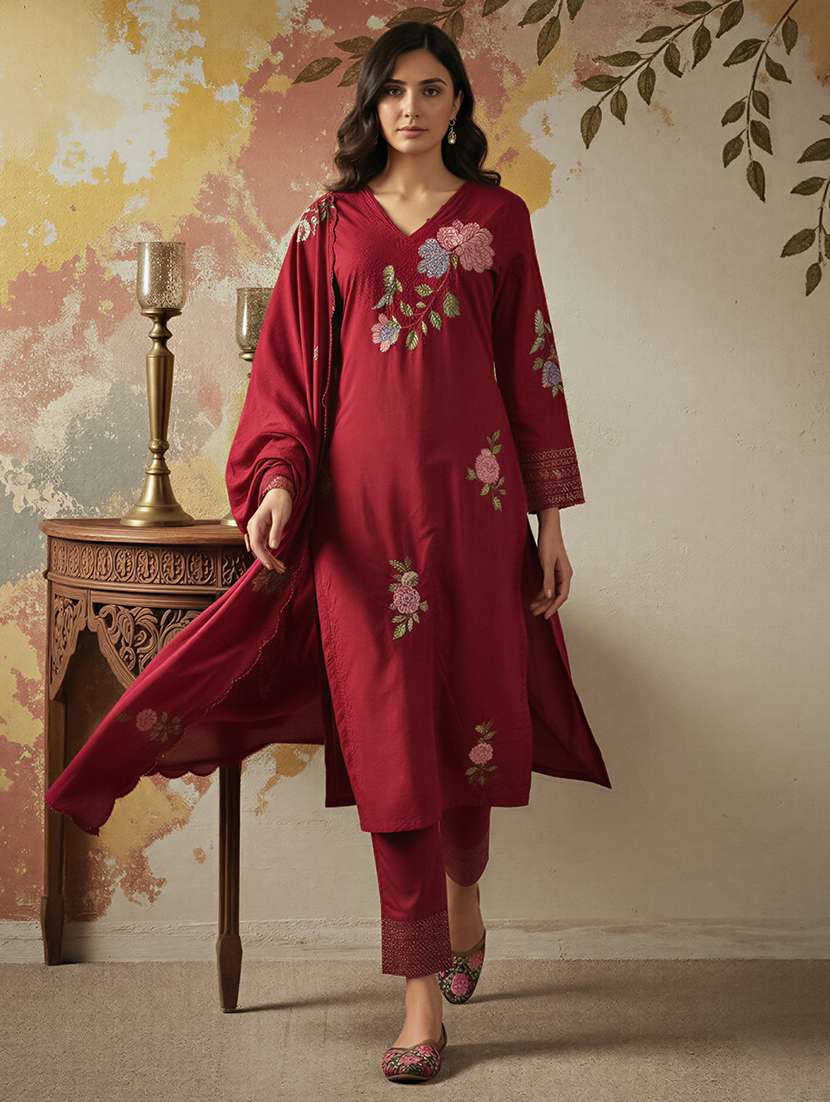 women solid with work three quarter sleeve kurta pant with dupatta set - 22361797 -  Standard Image - 1