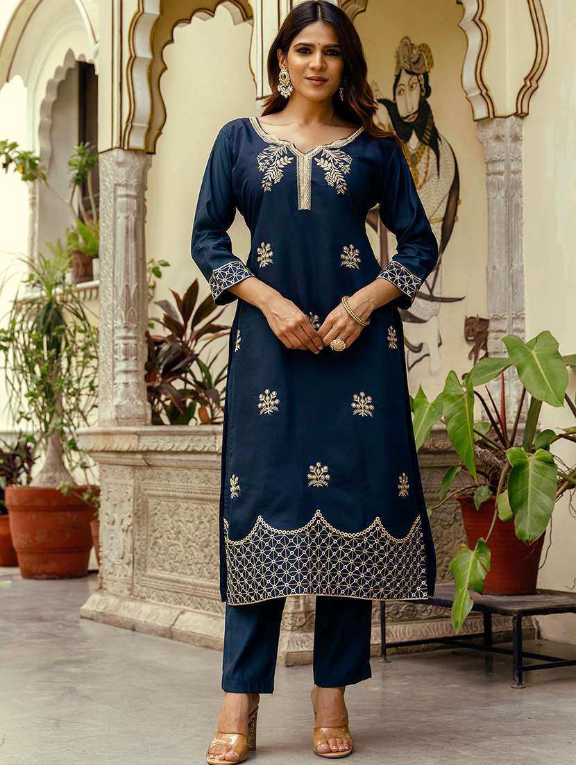 Women Solid With Work Three Quarter Sleeve Kurta Pant With Dupatta Set - 22361801 -  Standard Image - 1