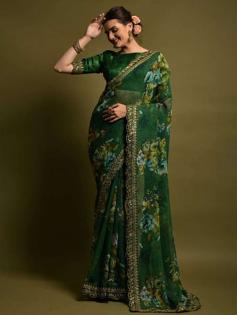 women floral printed bordered saree with blouse