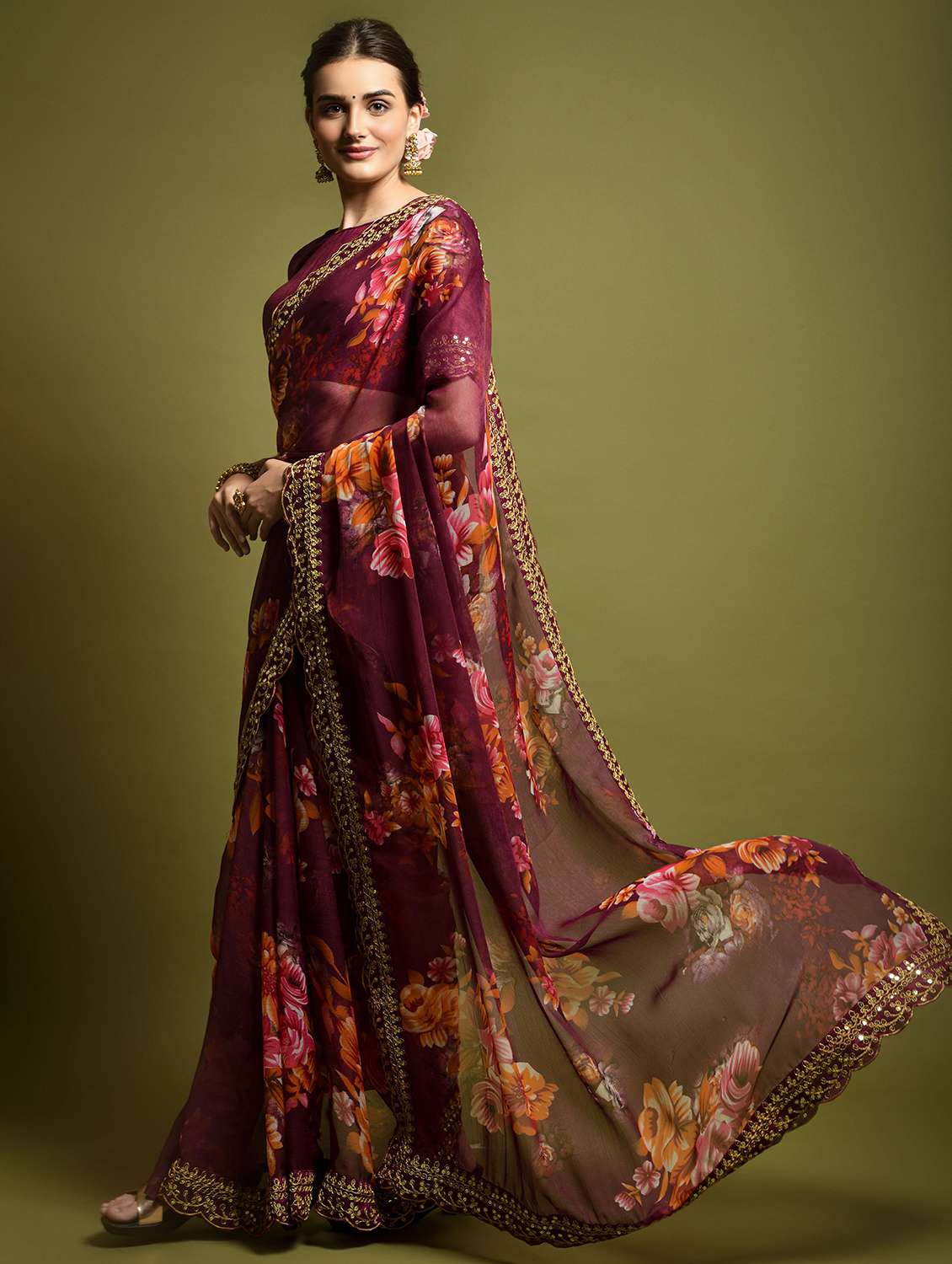 women floral printed bordered saree with blouse - 22361887 -  Standard Image - 1