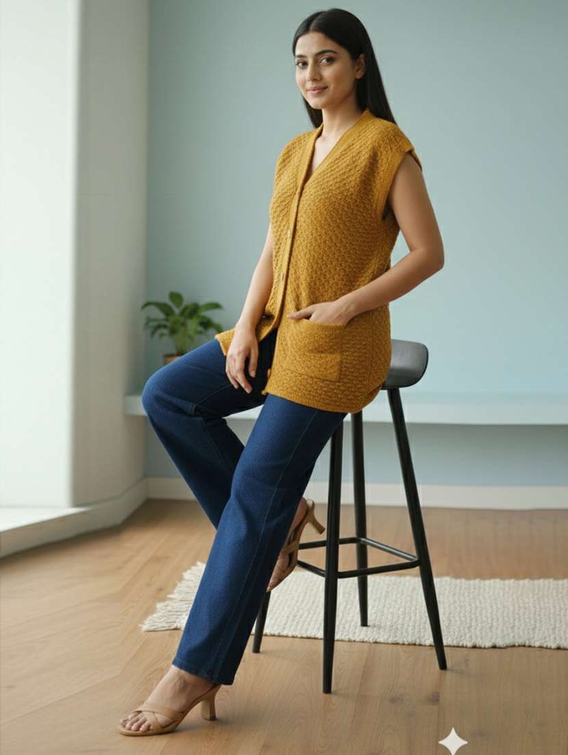 women self designed sleeveless cardigan - 22361937 -  Standard Image - 1