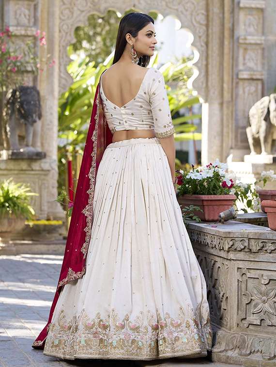 women solid with work flared semi-stitched lehenga - 22361960 -  Standard Image - 4