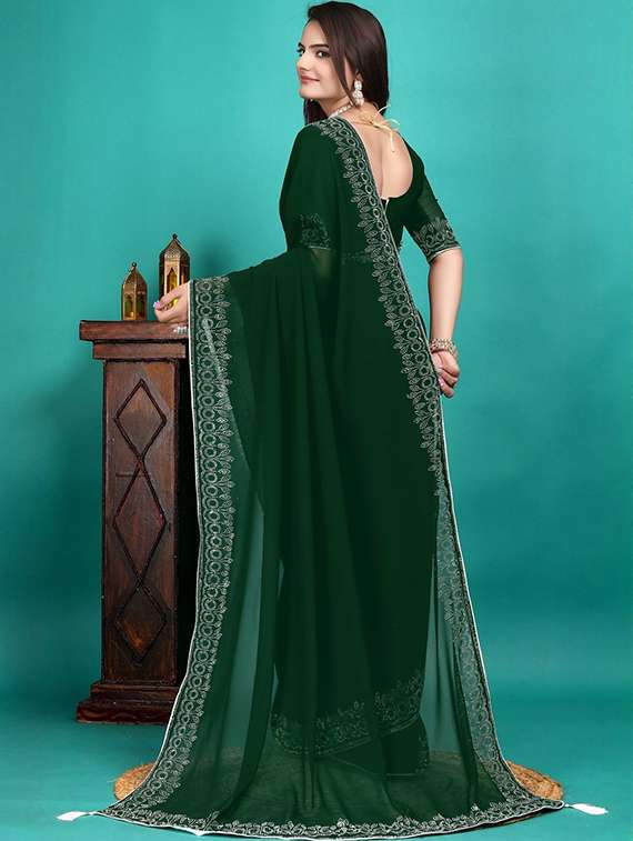 women solid with embellished bordered saree with blouse - 22361977 -  Standard Image - 4