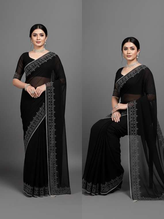 women solid with embellished bordered saree with blouse - 22361980 -  Standard Image - 1