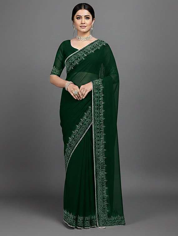 women solid with embellished bordered saree with blouse