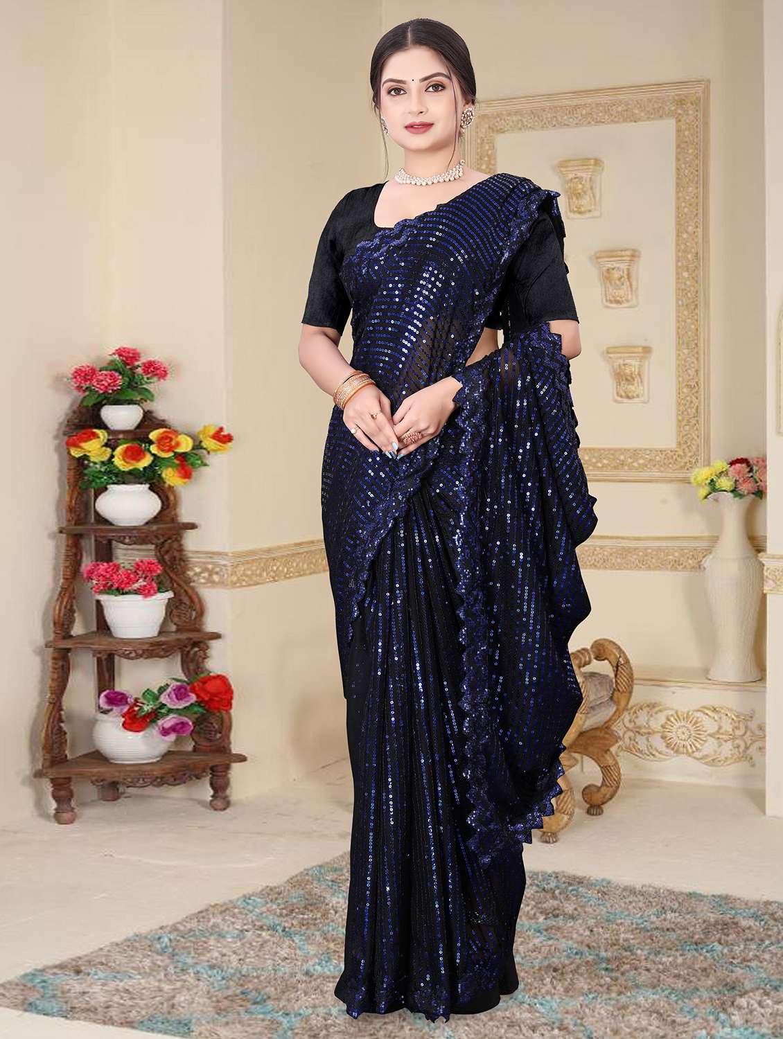 women solid with work embellished saree with blouse
