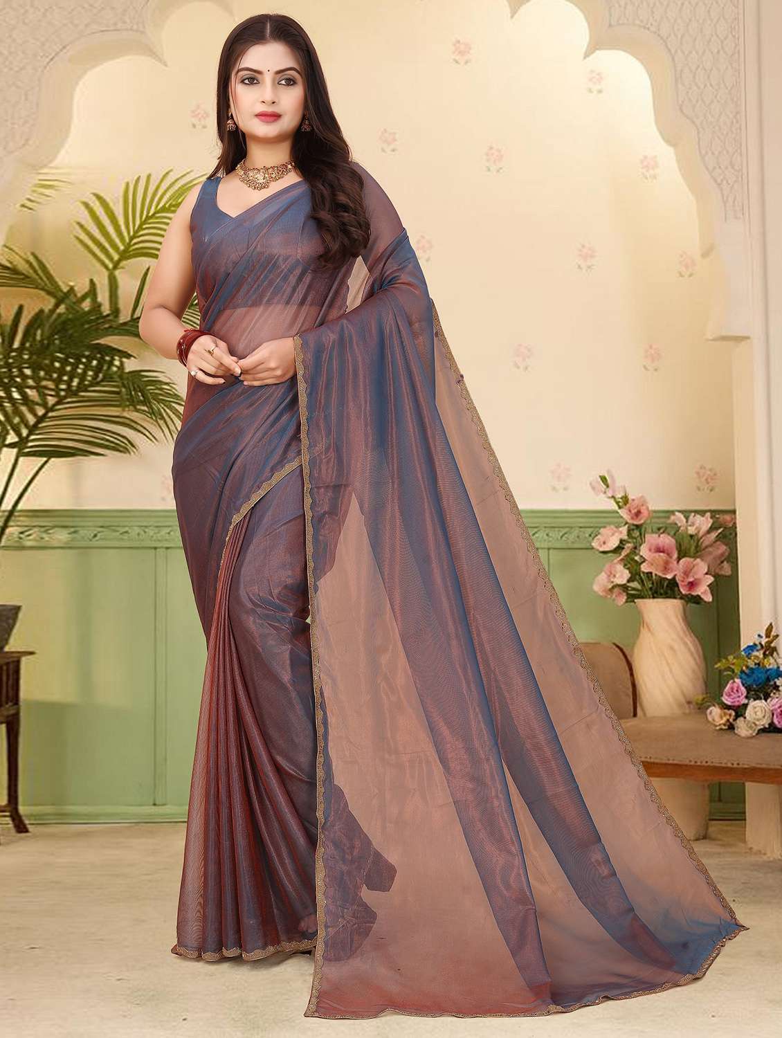 women solid with embellished bordered saree with blouse