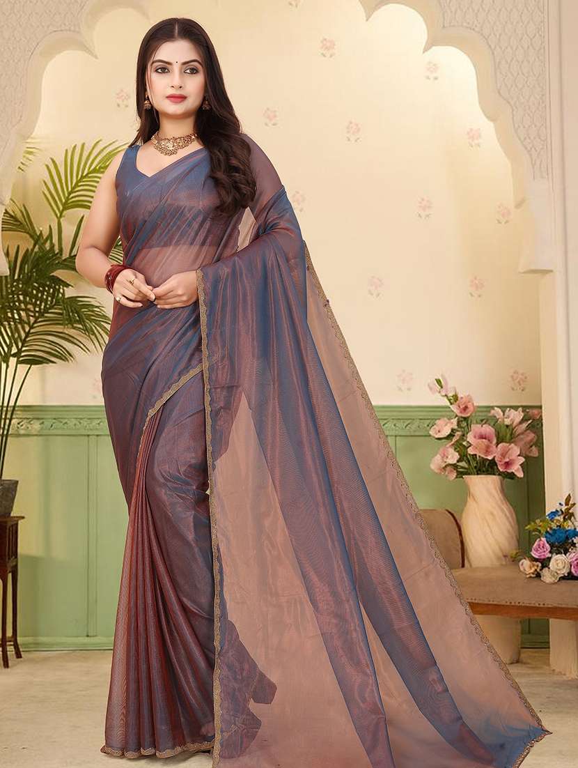 women solid with embellished bordered saree with blouse