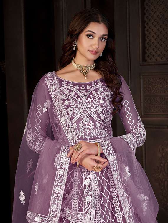 women solid with work round neck semi-stitched gown - 22362014 -  Standard Image - 1