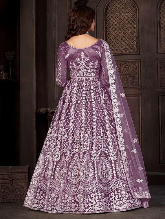 women solid with work round neck semi-stitched gown - 22362014 -  Standard Image - 4