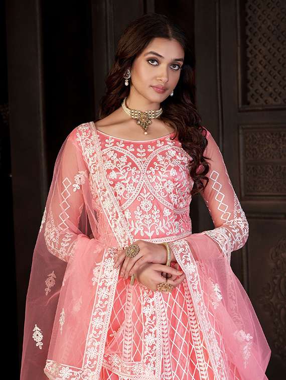 women solid with work round neck semi-stitched gown - 22362016 -  Standard Image - 1